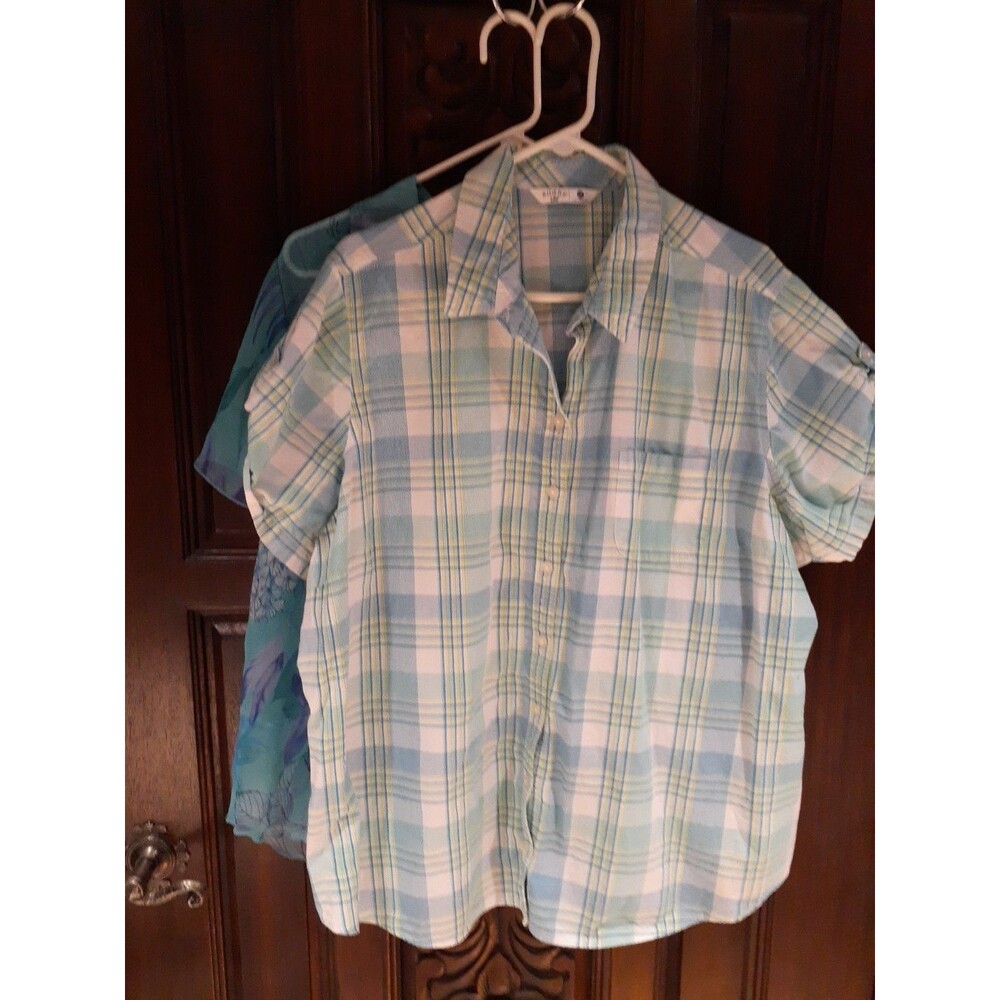 Lee Riders Womens 2x Turquoise Blue Cotton Plaid Button Down Shirt Sheer Blouse